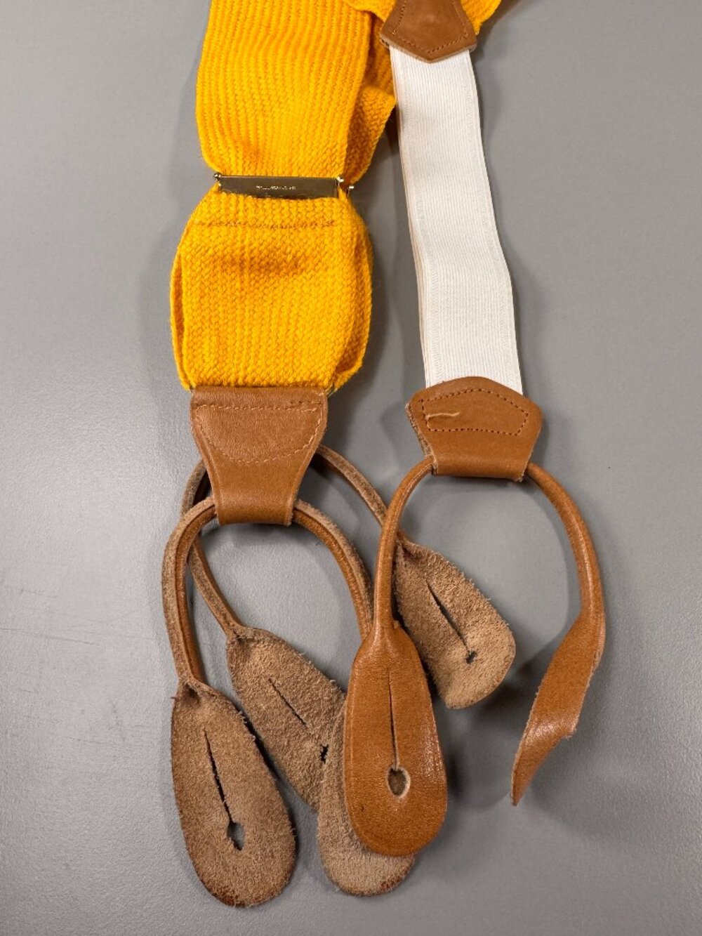 Vtg Wide Yellow Wool Suspenders | Tan Leather + Brass Hardware